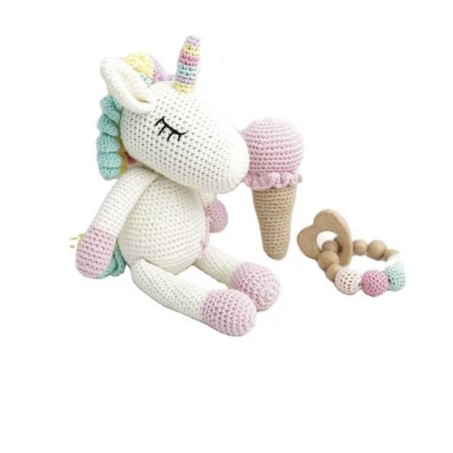 Handmade Crochet Unicorn Toy, Teether & Ice-cream Rattle
